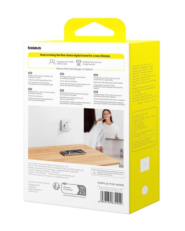 Baseus Palm snabbladdare 1C 20W USB-C Månvit vit