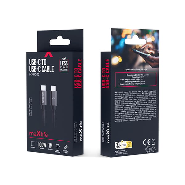 Maxlife MXUC-12 kabel USB-C - USB-C 1,0 m 100W svart