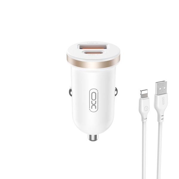 XO billaddare CC56 PD 30W QC 1x USB 1x USB-C vit + USB - Lightning-kabel
