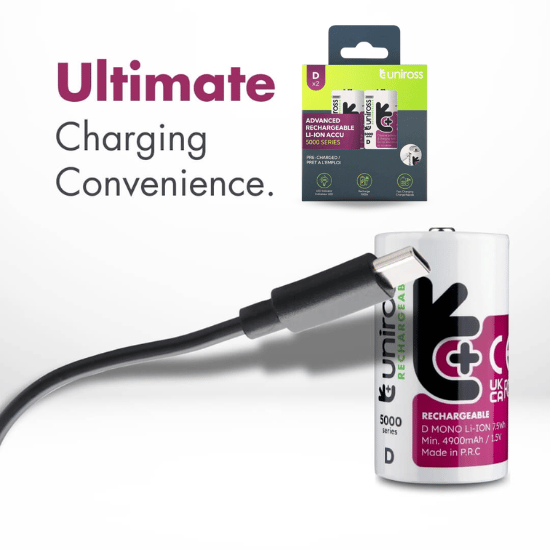 Uniross USB-C D/HR20 Uppladdningsbar Lithiumbatterier 5000mAh, 2 st.