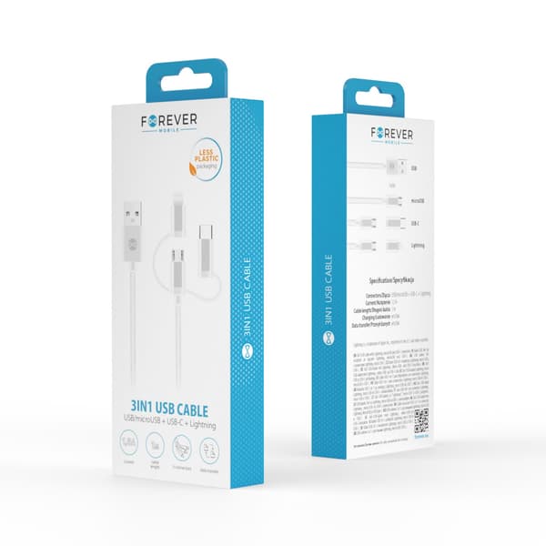 Forever 3in1-kabel USB - Lightning + USB-C + microUSB 1,0 m 1,5A vit