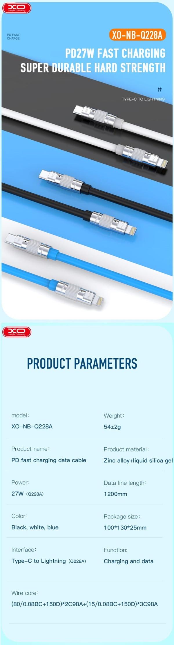 2-pack XO-kabel USB-C - Lightning 1,2 m 27W – Svart svart