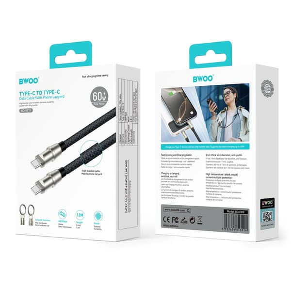 BWOO Lanyard-kabel USB-C - USB-C 1,2m 60W med rem