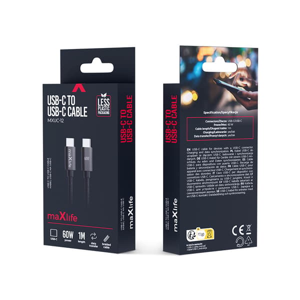Maxlife MXUC-12 kabel USB-C - USB-C 1,0 m 60W svart svart