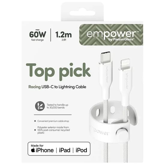 empower by PanzerGlass Racing USB-C to Lightning 1.2m vit vit