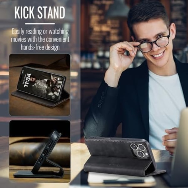CaseMe 0013 Læder Wallet Case til iPhone 16 pro max mørk black