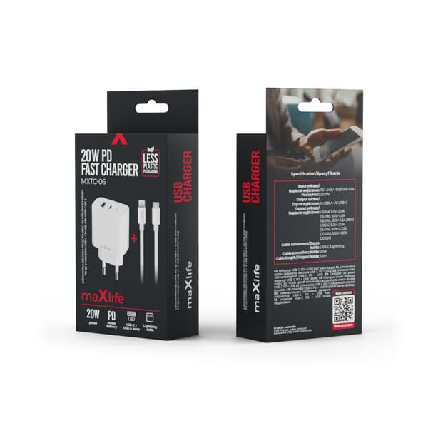 Maxlife MXTC-06-20AC PD QC laddare 1x USB-C 1x USB 20W vit + USB-C - Lightning kabel 20W vit