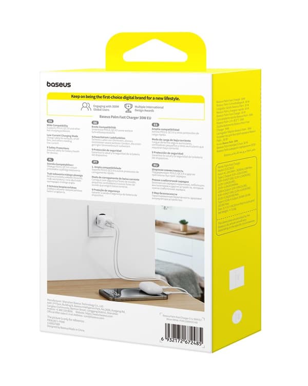 Baseus Palm Snabbladdare Väggladdare 30W USB-C USB-A EU Månvit vit