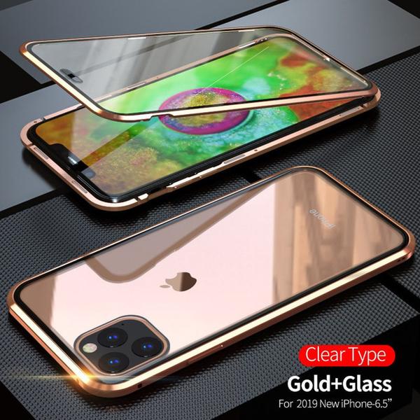 Dubbelsidig magnet fodral med härdat glas för iphone 11 pro max guld