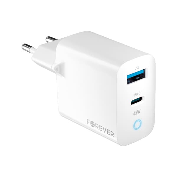 Forever TC-06-45AC GaN PD QC laddare 1x USB-C 1x USB 45W vit vit