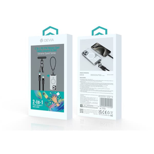 Devia kabelnyckelband 2i1 PD USB-C - Lightning 0,3 m 27W svart