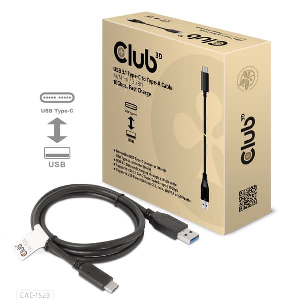 Club 3D CAC-1523 USB 3.1 Gen 2 USB-C till USB-A 60W Kabel svart svart