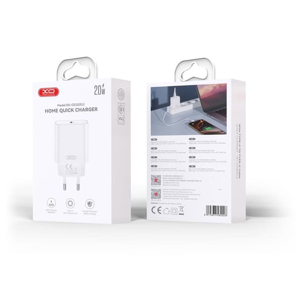 XO väggladdare CE32 PD 20W 1x USB-C vit + USB-C - Lightning-kabel