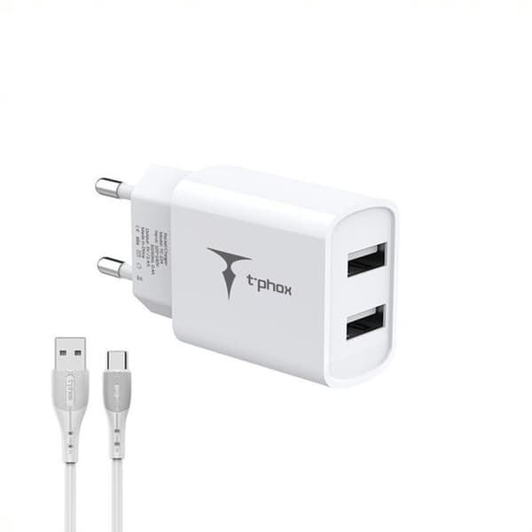 T-PHOX VÄGGLADDARE POCKET SERIES 2xUSB TCC-224 12W + USB-C KABEL VIT