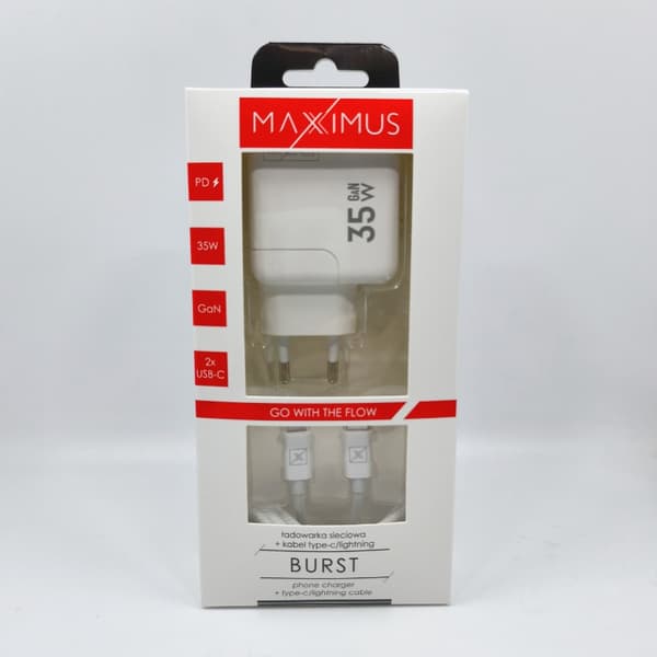 VÄGGLADDARE MX BURST GaN PD 35W, 2xUSB-C + C / LIGHTNING PD-kabel 20W vit vit