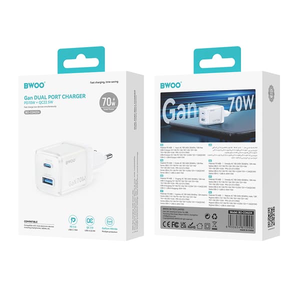 BWOO GaN väggladdare CDA224 QC 70W 1 x USB 1 x USB-C, vit vit