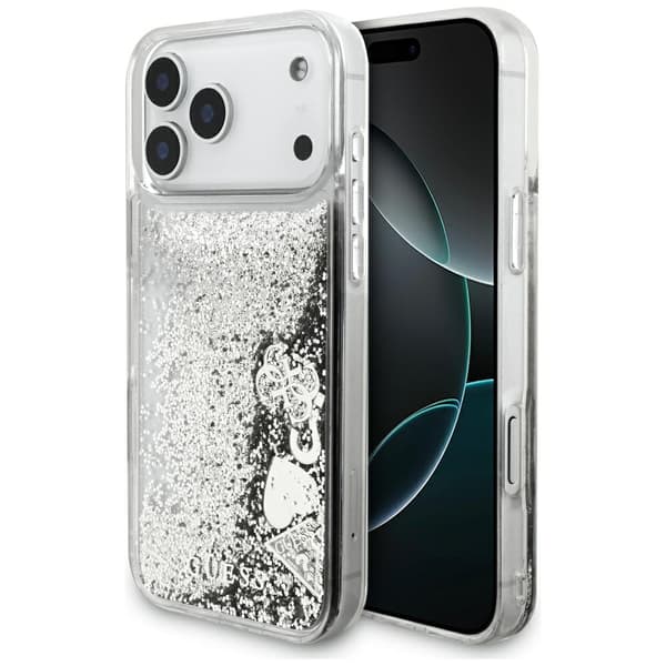 Guess Liq. Glitter Charms-fodral för iPhone 17 Pro Max silver