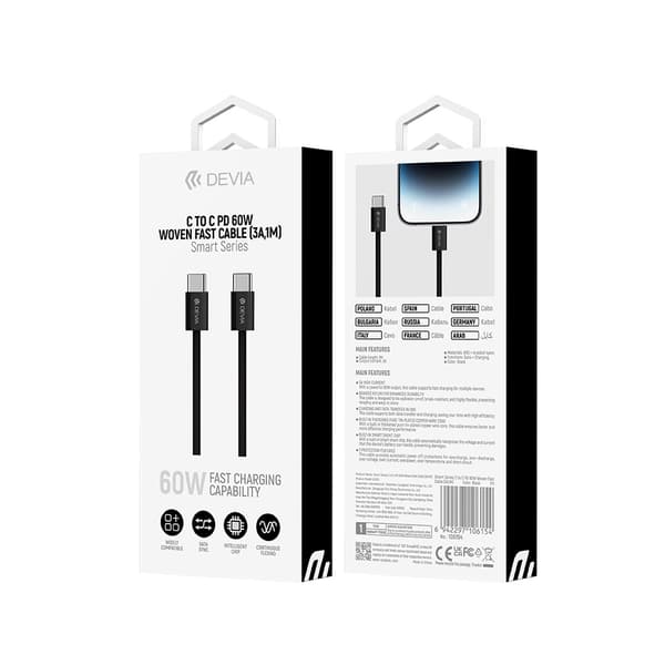 Devia-kabel Smart EC325 PD USB-C - USB-C 1,0 m 60W 3A svart