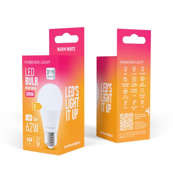 Forever Light LED-lampa E27 G45 7.2W 840lm 3000K klass E