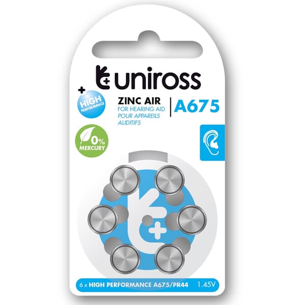 Uniross A675 Knapcellebatterier till höreapparat 540mAh, 6 st.
