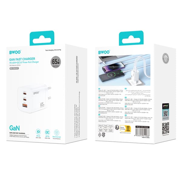 BWOO CDA147PD väggladdare 65W 2x USB-C port + USB-A vit vit