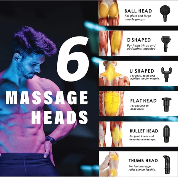 Massagepistol med 6 olika utbytbara huvudfästen