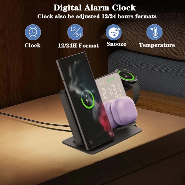 3 i 1 Trådlös snabbladdningsstation med digital väckarklocka för Samsung