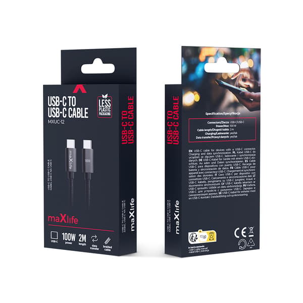 Maxlife MXUC-12 kabel USB-C - USB-C 2,0 m 100W svart svart