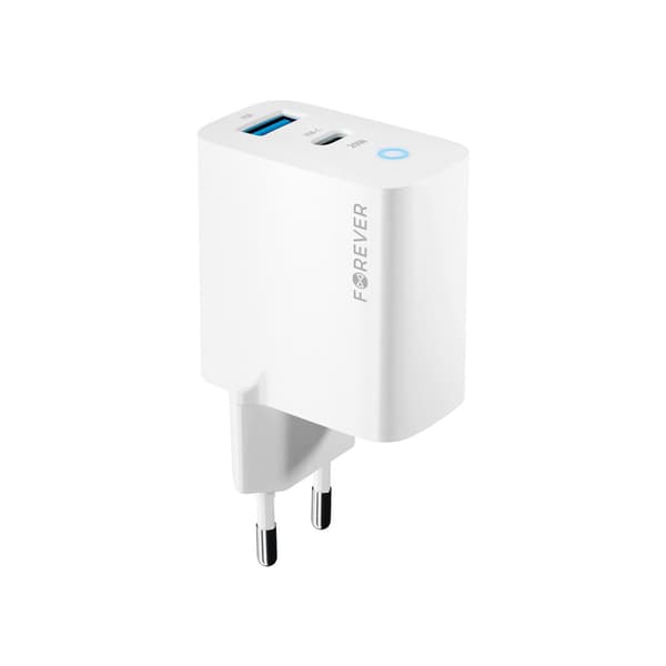 Forever TC-06-20AC PD QC laddare 1x USB-C 1x USB 20W vit vit