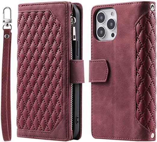 Long Lanyard läderfodral för iPhone 14 med 7 kortplats – Vinröd röd