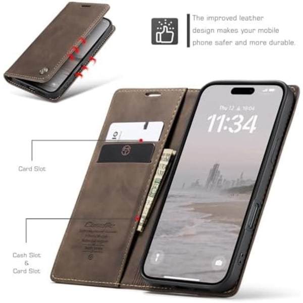 CaseMe 0013 Læder Wallet Case til iPhone 16 pro max mørkebrun brown
