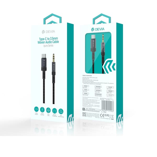 Devia-kabel ljud Ipure EC620 USB-C - jack 3,5 mm 1,0 m svart