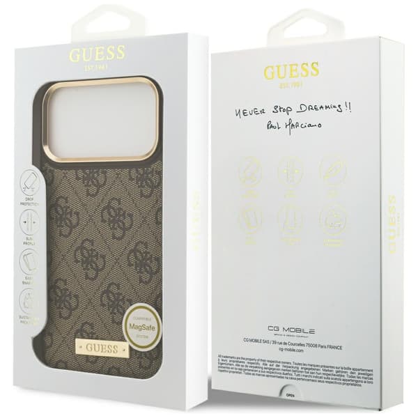 Guess 4G Logo Plate MagSafe fodral för iPhone 17 Pro Max brun