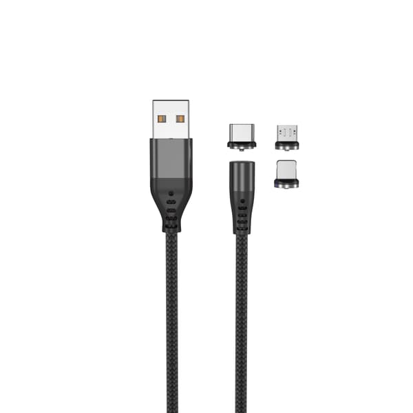 Maxlife MXUC-02 magnetkabel USB - Lightning + USB-C + microUSB 1,0 m 2A svart nylon
