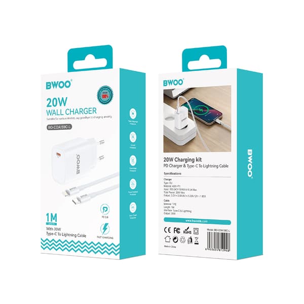 BWOO CDA159 PD väggladdare 20W 1x USB-C-port + Lightning vit