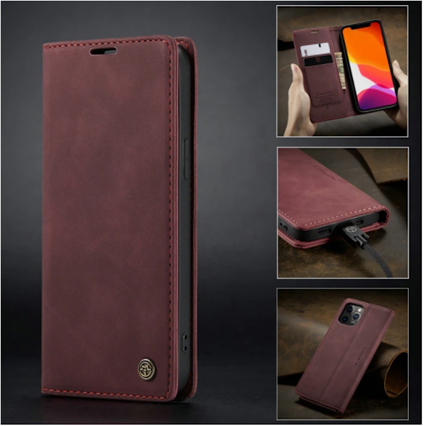 Läderfödral caseme 0013 för  iphone 13 vinröd vinröd