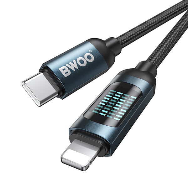 BWOO USB-C Lightning-kabel 1m 27W med LED-display, flätad, svart
