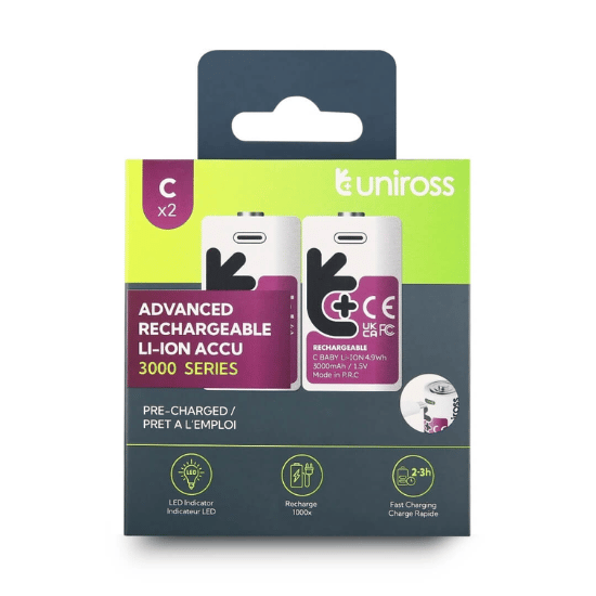 Uniross USB-C C/HR14 Uppladdningsbar Lithiumbatterier 3000mAh, 2 st.
