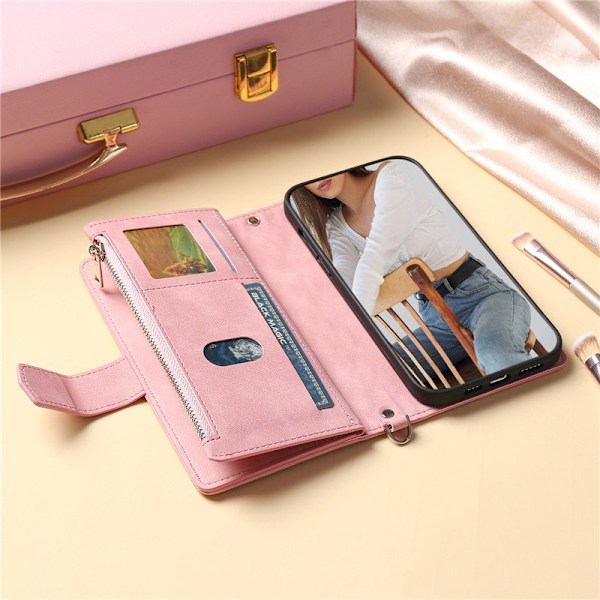Long Lanyard läder fodral för iphone 14 plus med 7 kortplatser rosa rosa