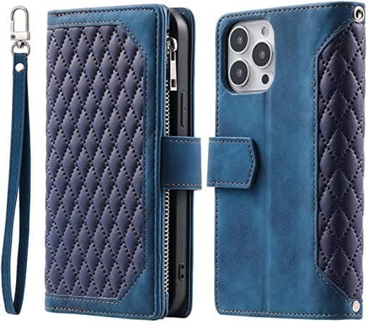 Long Lanyard läderfodral för iPhone 14 med 7 kortplats – Blå blå