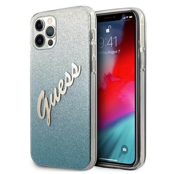 Guess fodral för iPhone 12 / 12 Pro GUHCP12MPCUGLSBL blå hårt fodral Glitter Gradient Script