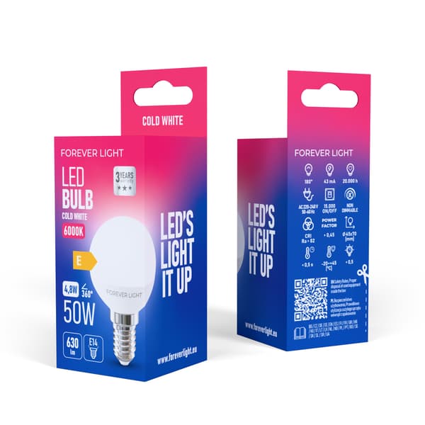 Forever Light LED-lampa E14 G45 4 8W 630lm 6000K klass E transparent