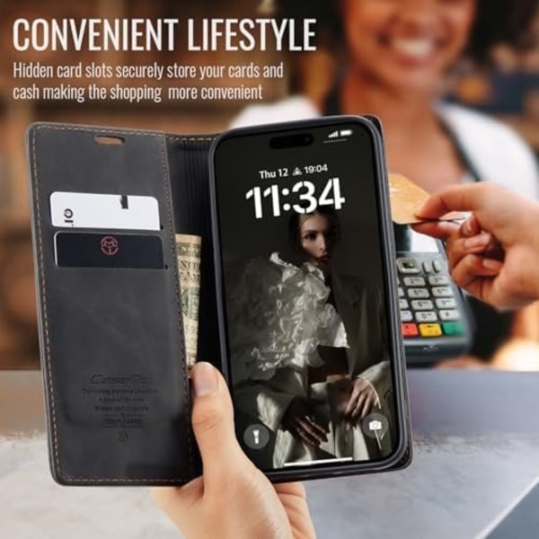 CaseMe 0013 Læder Wallet Case til iPhone 16 pro max mørk black
