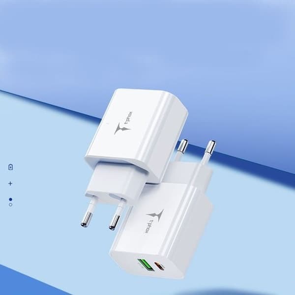VÄGGLADDARE T-PHOX SPEEDY USB-C 20W / USB 18W PD QC + kabel LIGHTNING 1M vit vit