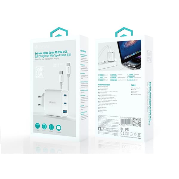 Devia väggladdare Extreme PD GaN 65W 2x USB-C 1x USB vit + kabel USB-C - USB-C laptopladdare
