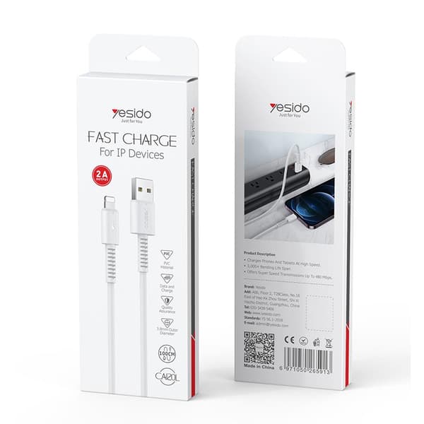 YESIDO kabel CA120 18W USB / LIGHTNING 1M PVC 2A vit vit