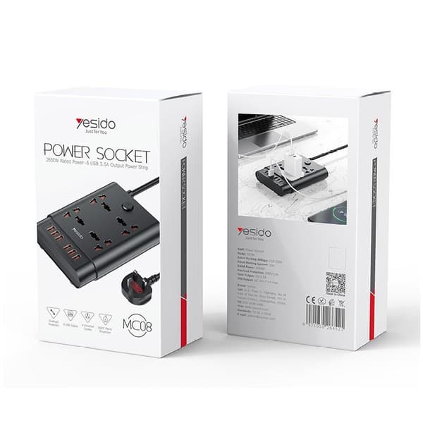 YESIDO MC08 FÖRLÄNGNINGSKABEL 10IN1 2650W 6XUSB-A SVART