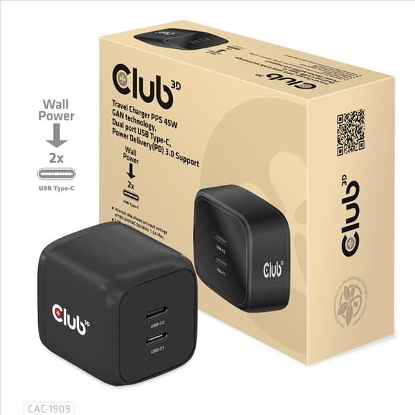 Club 3D CAC-1909EU 45Watt GaN Strömforsyningsadapter