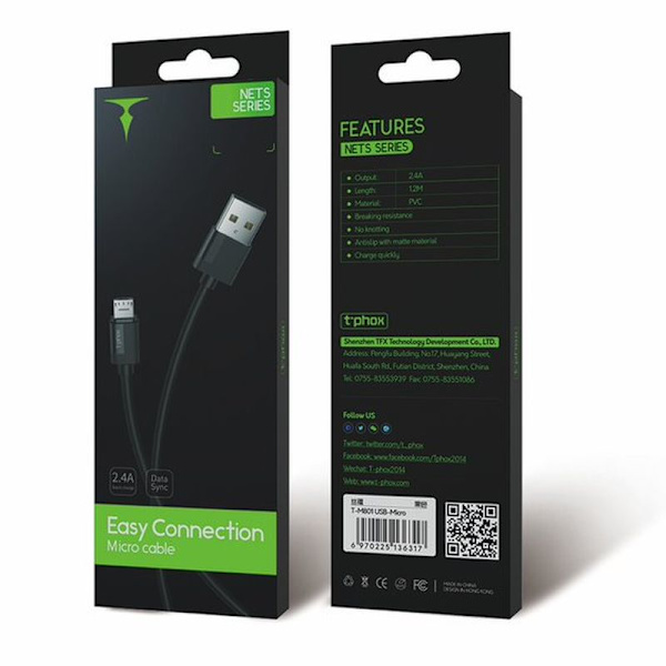 KABEL T-PHOX NETS MICRO USB SVART 3A ; PVC ; 1,2M