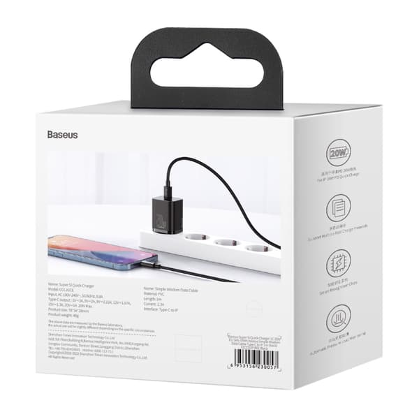 Baseus väggladdare Super Si PD 20W 1x USB-C svart + USB-C - Lightning-kabel
